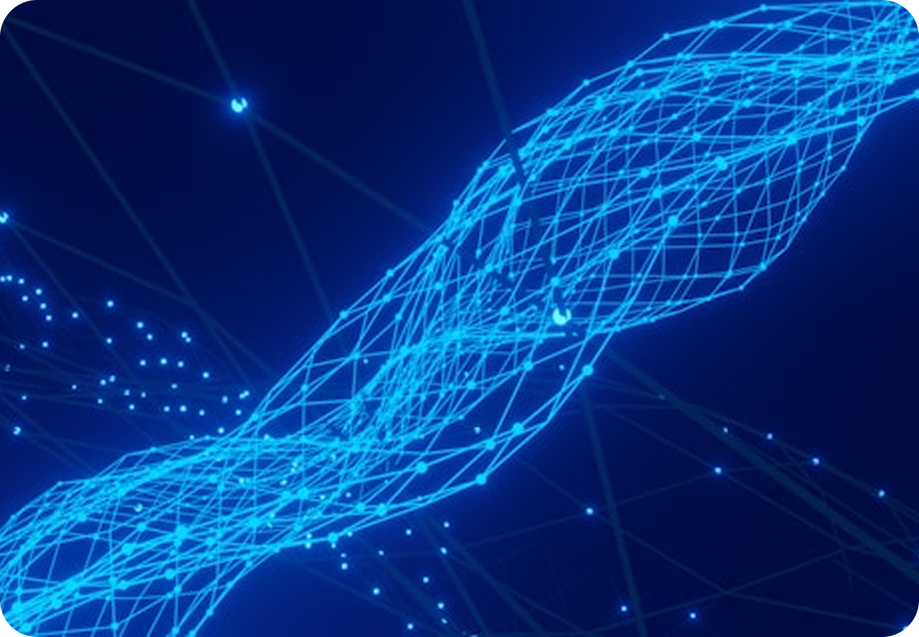 A glowing blue wireframe mesh of connected nodes twisting through dark space