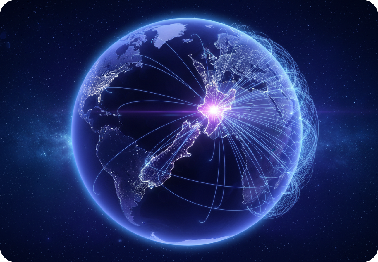Earth at night from space, with blue arcs fanning out across the globe from a single bright point