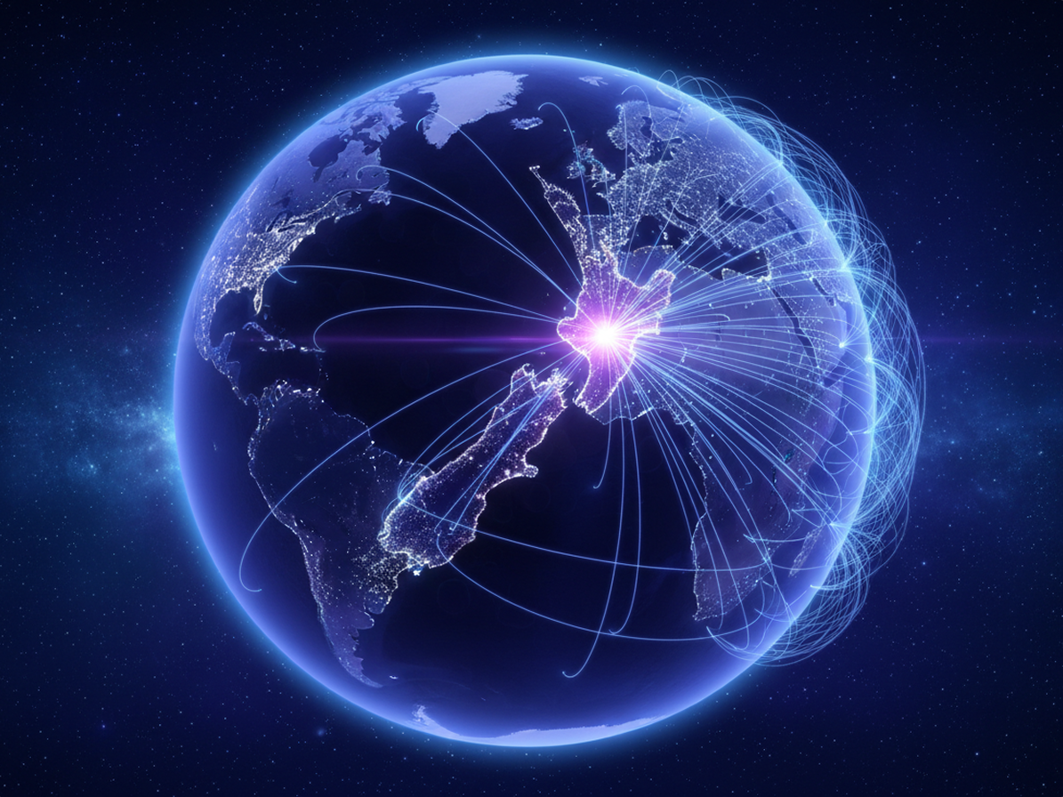Earth at night from space, with blue arcs fanning out across the globe from a single bright point