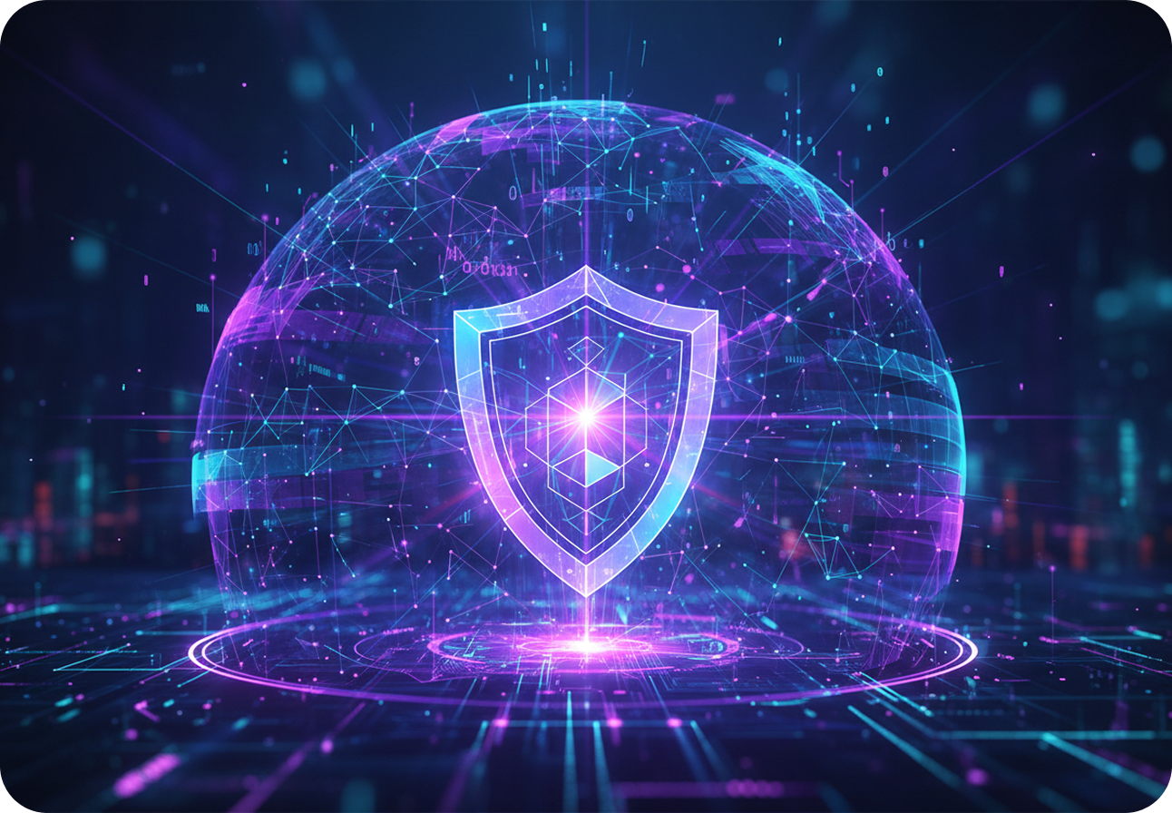 A glowing shield at the centre of a wireframe globe, surrounded by neon data streams
