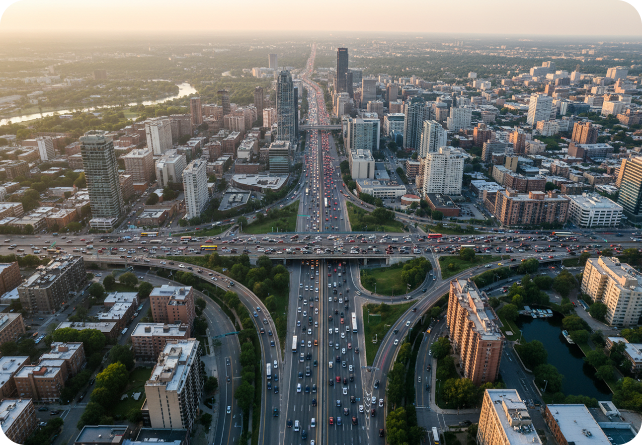 Aerial view of a multi-lane highway interchange packed with cars, running into a city at dusk